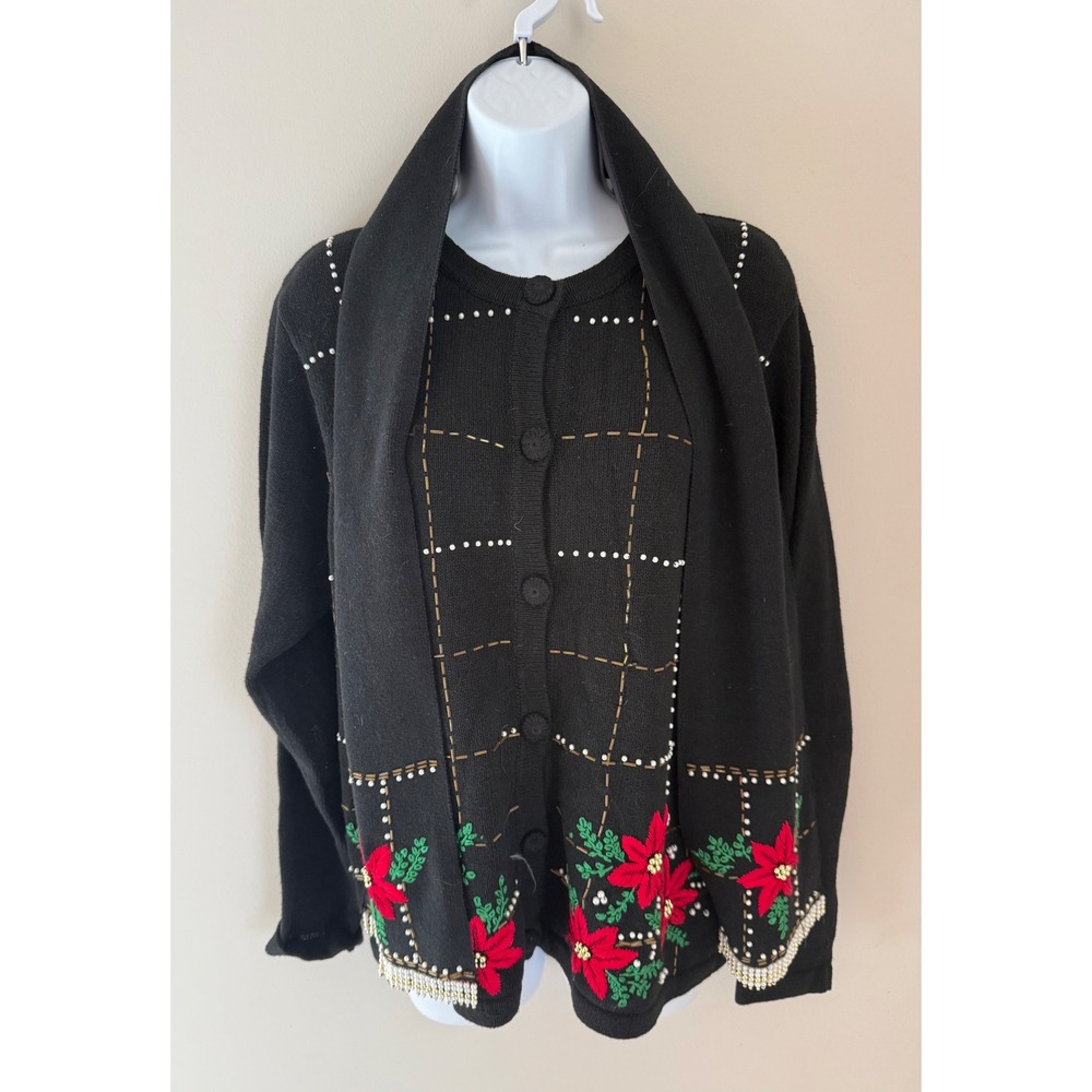 Lemon Grass Cardigan Scarf Set Vintage Small Poinsettia Beaded Holiday Christmas